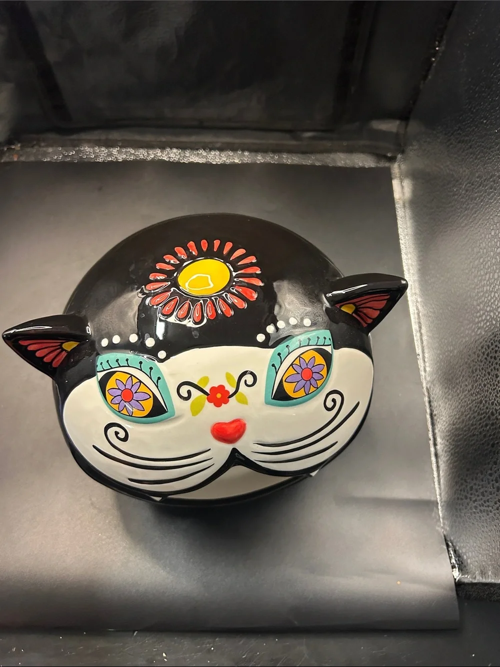 Blue Sky Black Ceramic Cat Bowl with Colorful Floral Eyes